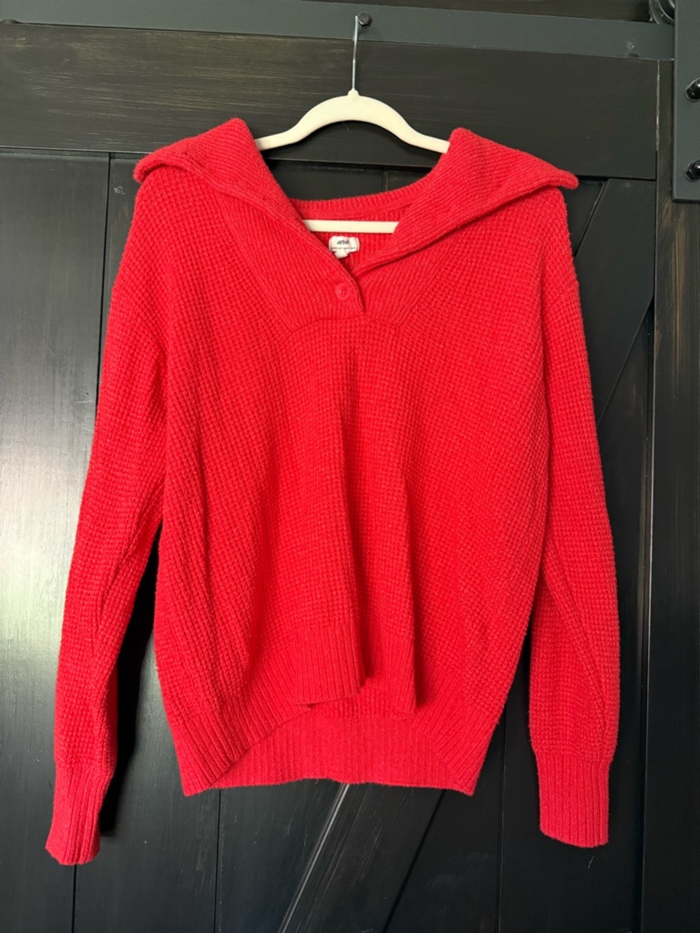 aerie Red Knit Sweater with Buttoned V‑Neck